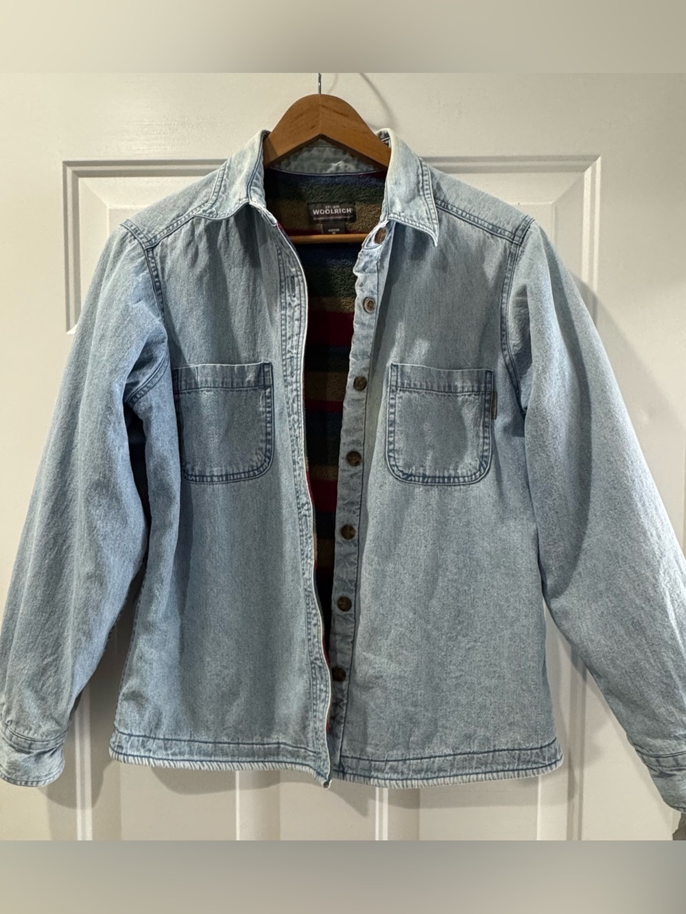 WOOLRICH vintage denim shirt jacket multi-colored stripe blanket lining size Med